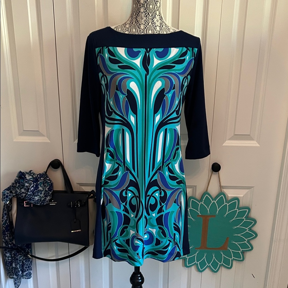 Banana Republic Navy and Torquoise Art Deco Print Sheath Dress - Size MP